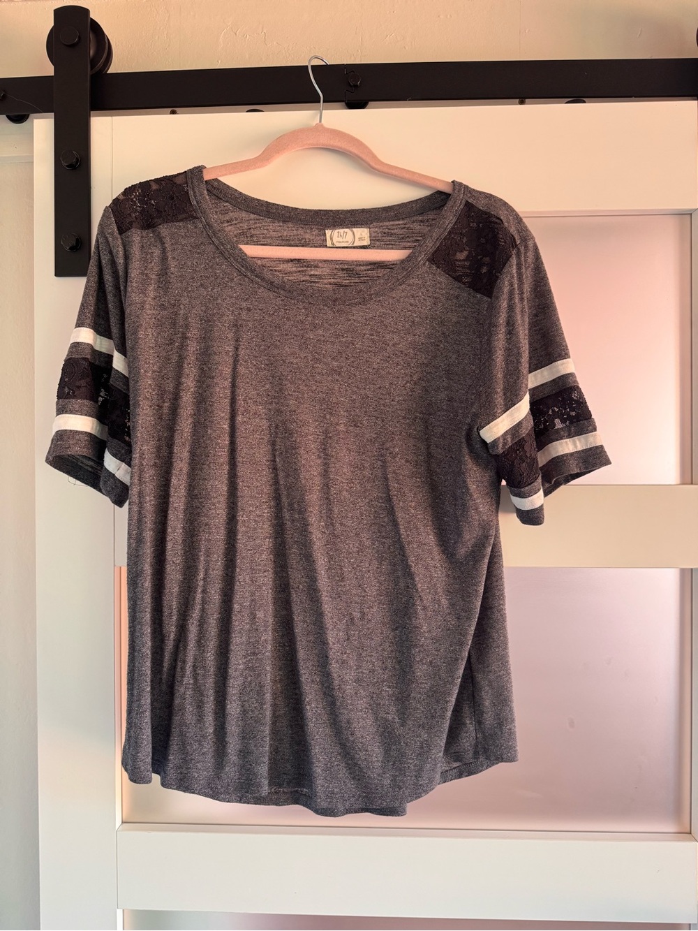 Maurices Charcoal Gray Short-Sleeve Tee with Lace Shoulder and Stripe Detail